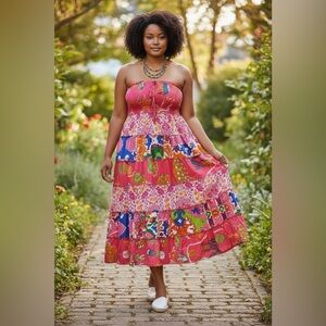 Zoey & Leelo Smocked Bandeau Midi Dress, Tiered Ruffle, Nautical, Floral- XL